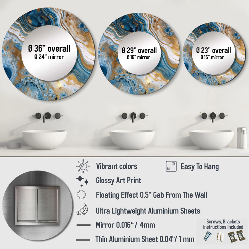 Blue and White Marble Dreams - miroir décoratif abstrait, miroir mural rond bleu, impression d'art en métal, 29 po x 29 po