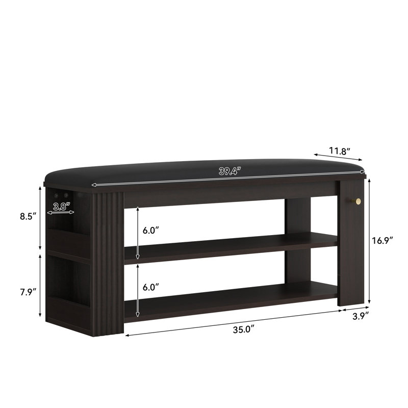No More Cluttered Entryway – Brown Shoe Bench with Metal Hooks for Hats, Jackets & Shoes, Seating for 1-2 People
