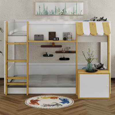 Lit superposé simple au-dessus de simple avec bureau intégré, rangement et échelle et ports USB