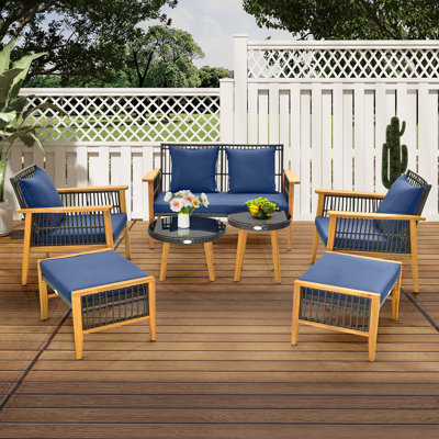 7PCS Acacia Wood Patio Conversation Set, Wicker Rattan Chair Ensemble with 2 Coffee Tables & 2 Ottomans