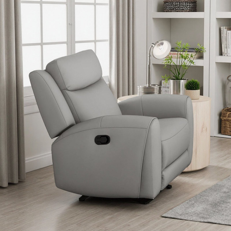 Contour Arms Manual Recliner - Transitional Style with Wide Seat & Top Grain Leather, Gray