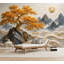 Papier peint adhésif peler et coller Golden Tree Mountain Landscape Abstract Waves Misty Peaks Effect-489421597
