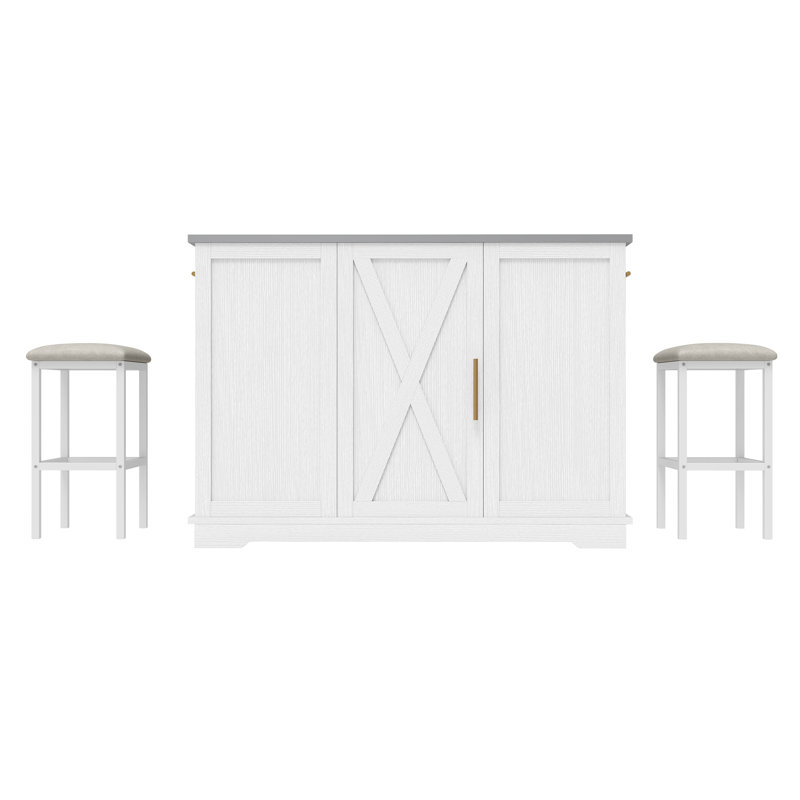 Rolling Kitchen Island Set With Trash Can, Stainless Steel Countertop, Drop Leaf, 2 Bar Stools, White