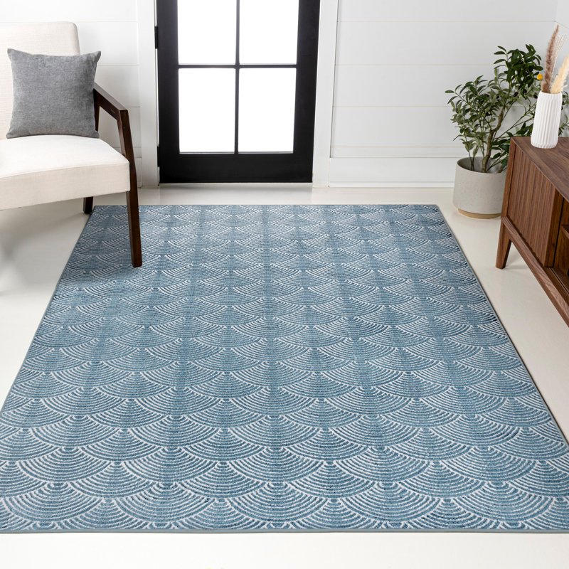 Simsbury Geometric Art Deco Fan Pattern High-Low Navy/Cream Rug, Rectangle 7'9" x 10'