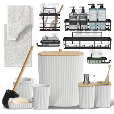 Ensemble complet d'accessoires de salle de bain 13 pièces avec accents en bambou, poubelle, brosse de toilette, 2 tapis de bain et 5 paniers de douche inclus