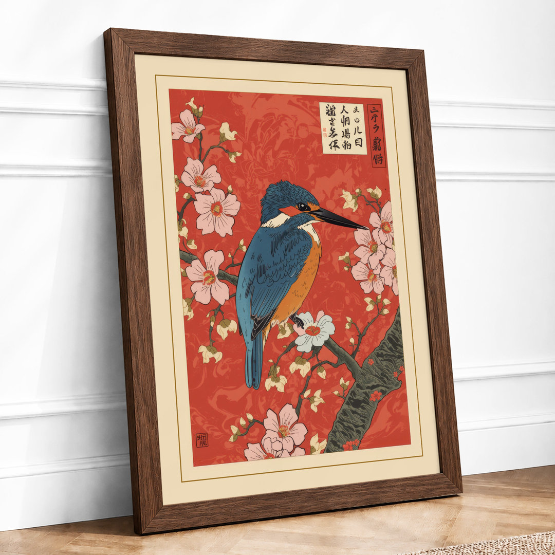 Kingfisher and Plum Blossoms Japandi - Framed Print