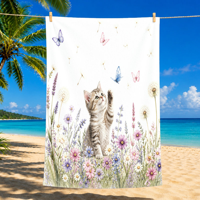 1 pièce Mignon chaton jouant avec des papillons, serviette de plage en microfibre à motif floral aquarelle, séchage rapide pour piscine, voyage et camping, unisexe