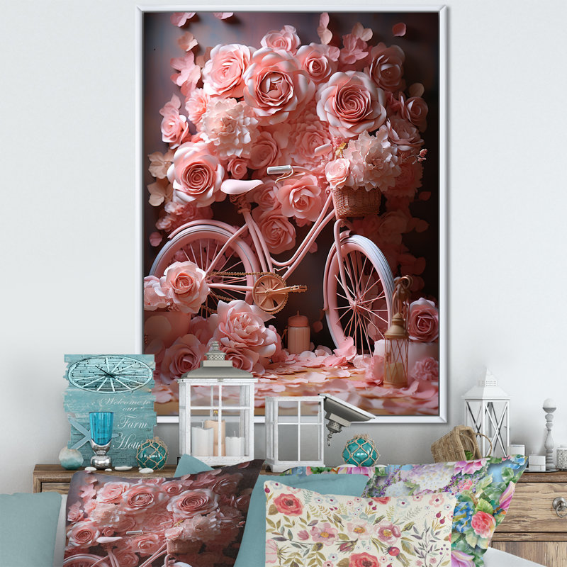«Bicycle Rose Reverie», art mural sur toile, Cadre flottant blanc, H 44 po x l 34 po x P 1,5 po