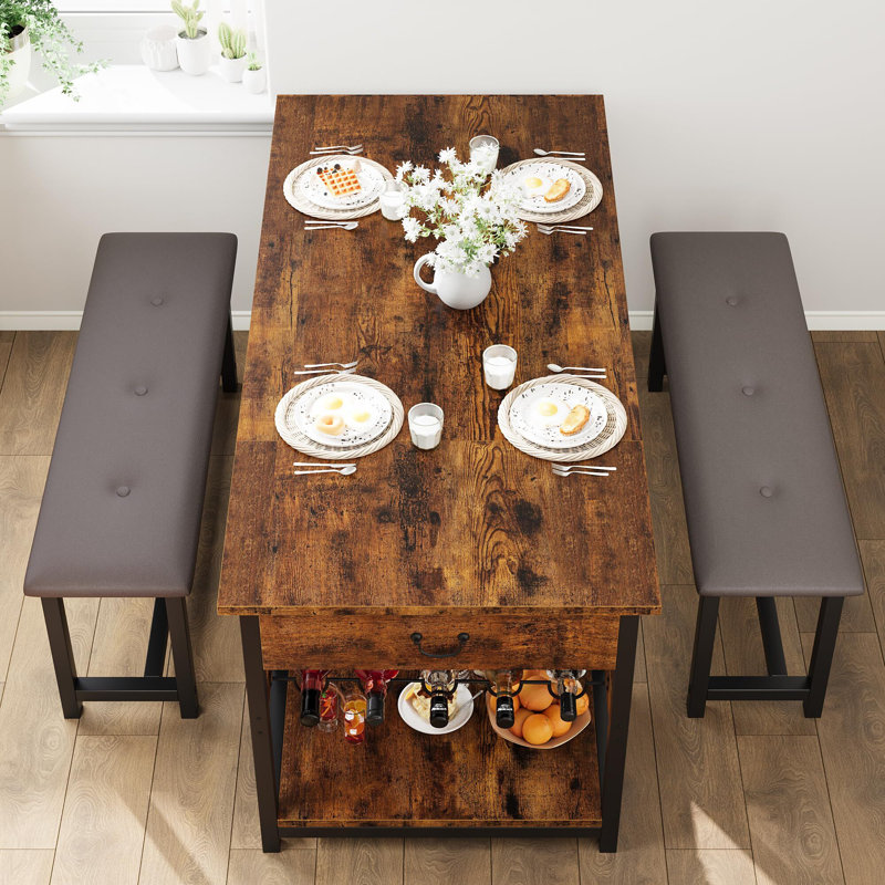 Kitchen Dining Table Set With Upholstered With Storage Drawers & Wine Rack, Brown