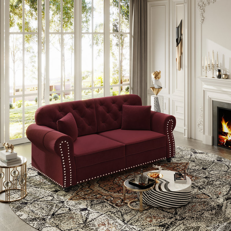Canapé Chesterfield rembourré en velours avec garniture cloutée et accoudoirs roulés, H 33,8 po x l 41,3 po x P 29,9 po, Brun