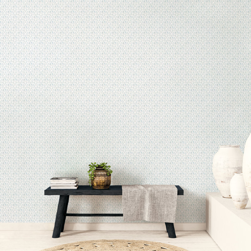 Small Prints Mini Floral Ogee Damask 33' L x 21" W Wallpaper Roll, Blue/Teal/White