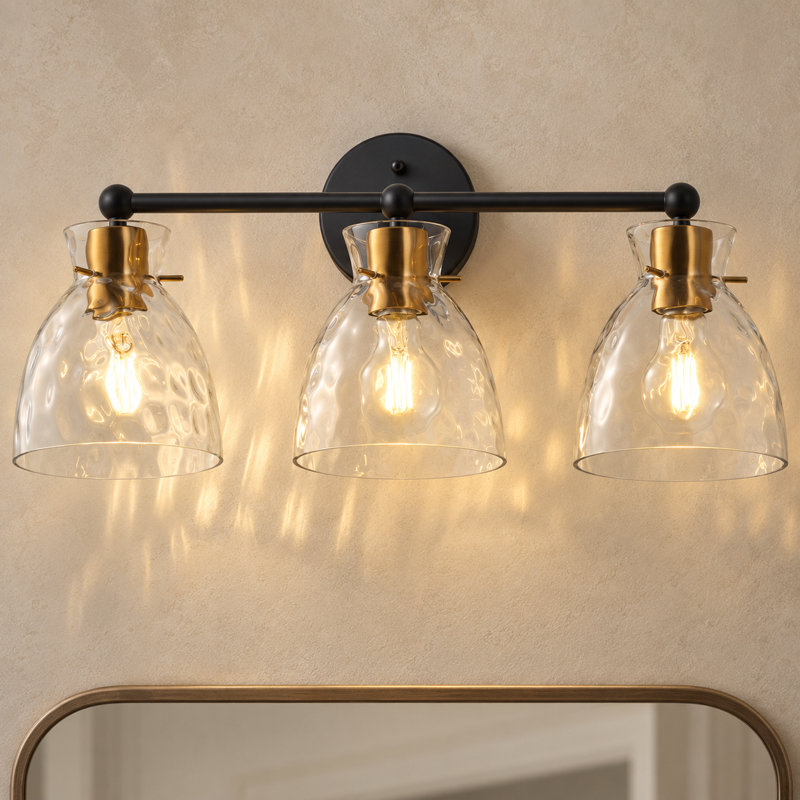 Éclairage pour salle de bain 3 lumières E26 en métal noir et laiton avec abat-jour en verre nervuré, à intensité variable, homologué UL