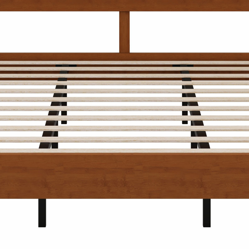 Structure de lit de style Mid-Century moderne, lit plateforme en bois avec lattes intégrées et support en métal, Noyer, King
