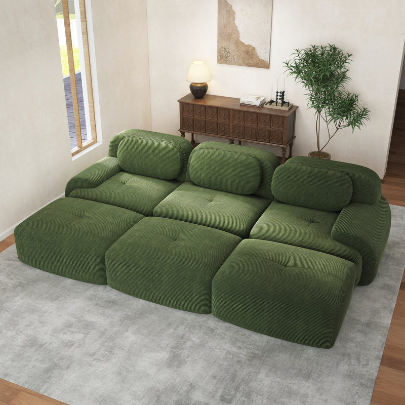 Boneless Three-Seat Modular Sofa With 3 Ottomans Corduroy Fabric 32D High-Resilience Sponge Living Rooms Media Rooms