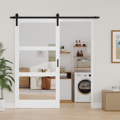 Porte de grange en verre massif et manufacturé avec miroir
