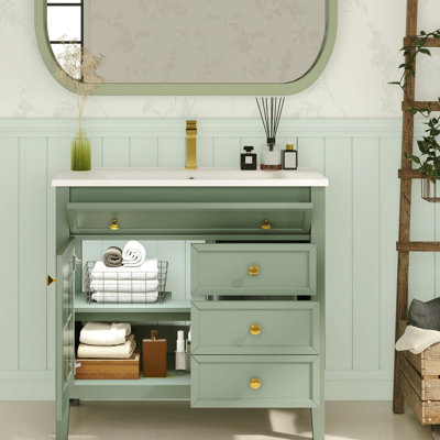 35.6" Single Bathroom Vanity With Ceramic Sink & Top, Mid-Century Bath Vanity With Patterned Glass & Motion-Sensor Light Strip, Farmhouse Bathroom Storage Cabinet With Shelf, Green