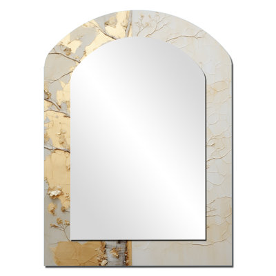 Or doré et beige, tilleul américain - miroir en arche de tilleul américain, miroir mural asymétrique gris unique, impression d'art en métal