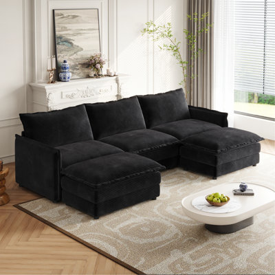 Canapé en tissu velours 3 places en velours côtelé confortable avec repose-pieds mobile pour le salon, ensemble de canapé en U surdimensionné à assise profonde, canapé rembourré à assise profonde de grande taille avec 3 coussins