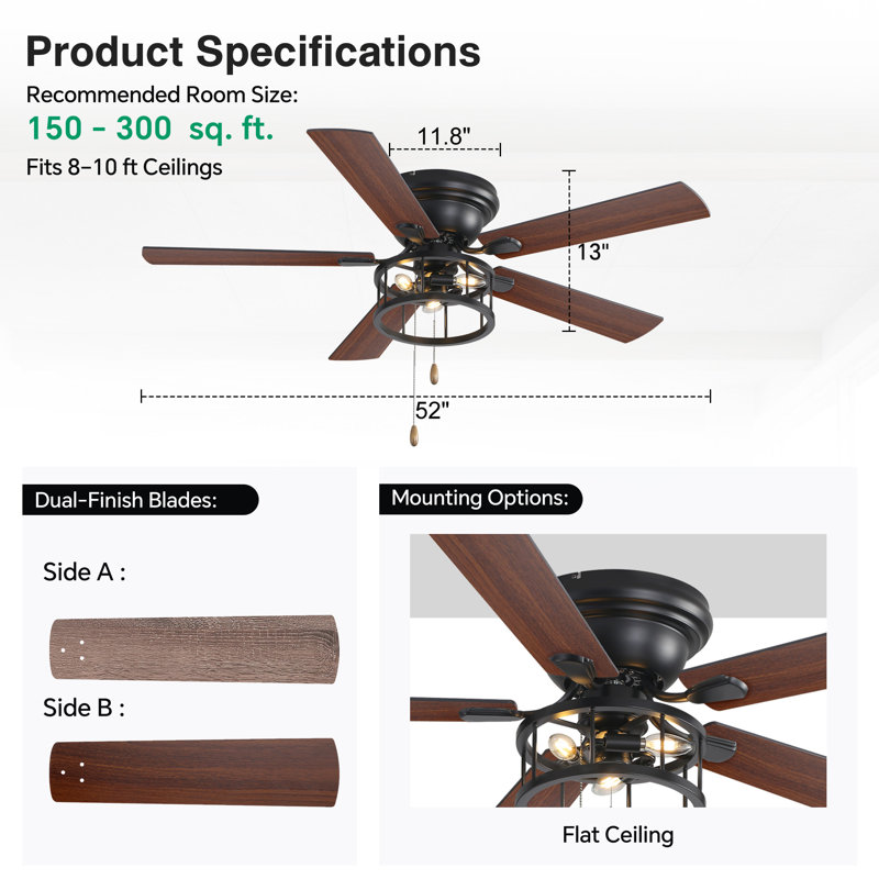 Ventilateur de plafond encastré 52 po avec lumière 52 po Farmhouse