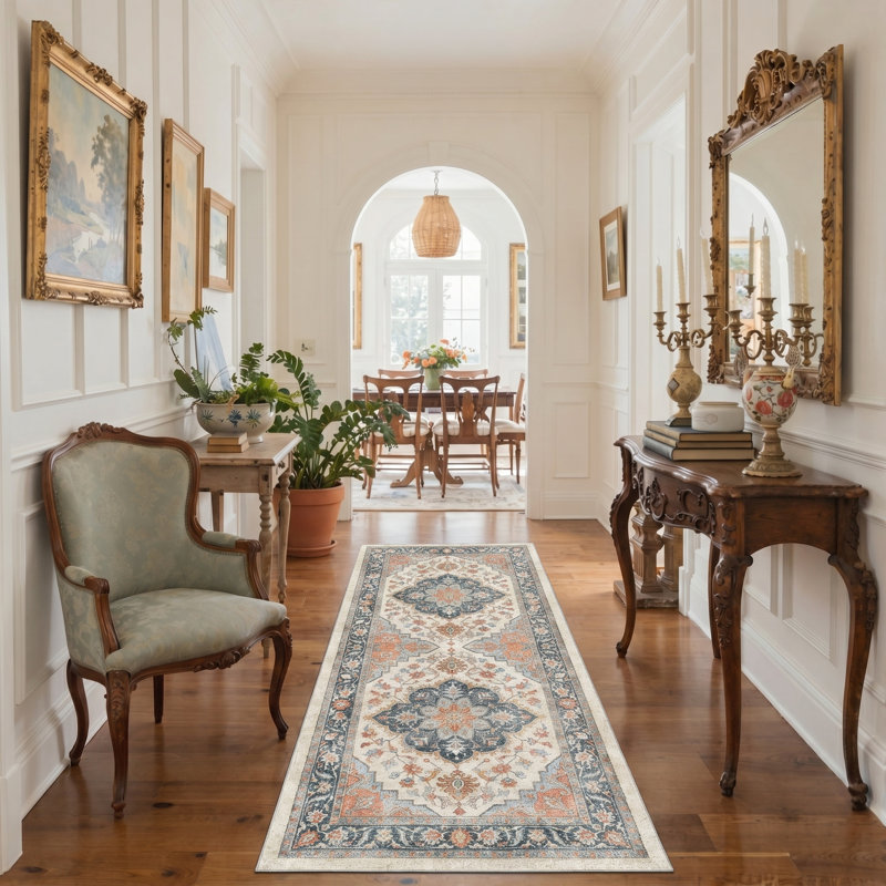 Lumiere Floral Machine Washable Red / Blue / Beige Indoor Area Rug with Non-Slip Backing, Runner 2' x 7'