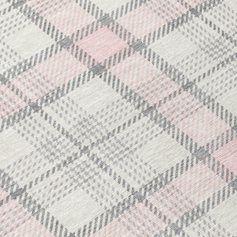 Pink and Gray Plaid Washable Synthetic Rug, 3' x 5'