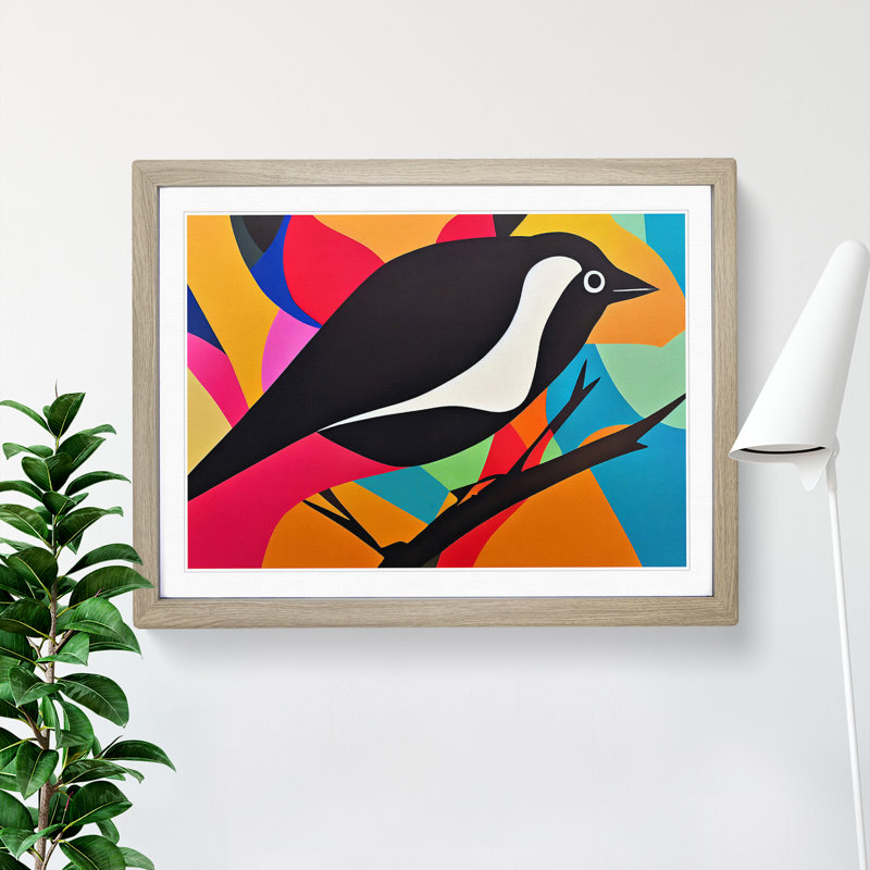 Magpie Bird Abstract Vol.2 1 Piece Single Picture Frame Painting, 46cm H x 64cm W x 2cm D, Oak