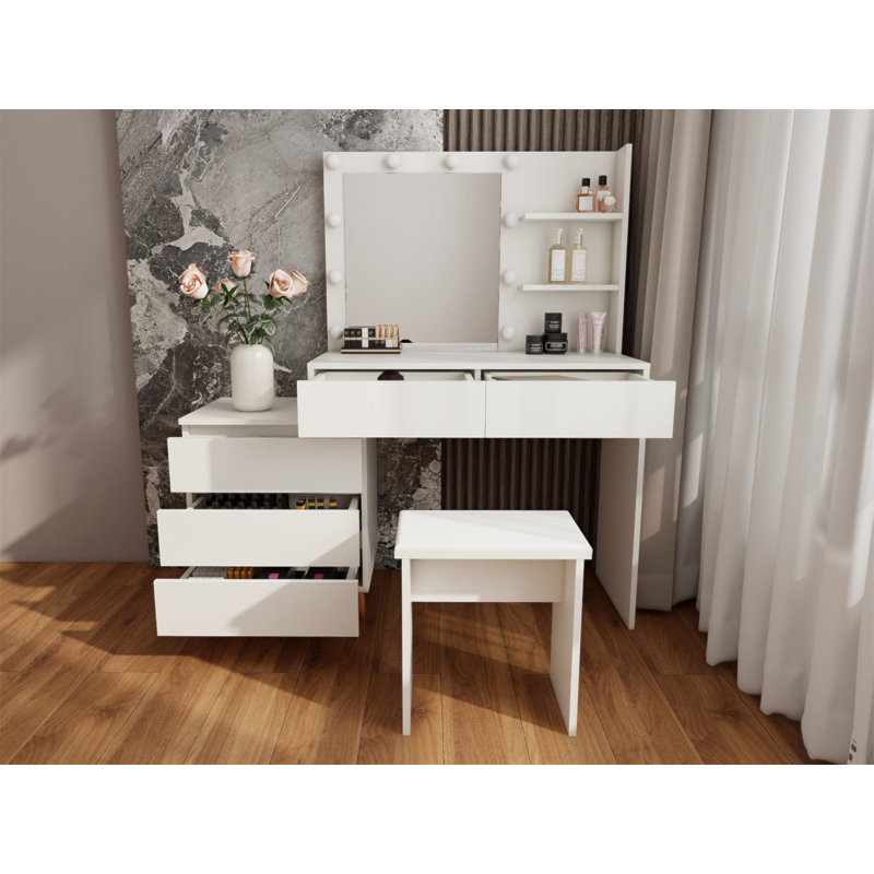 LED Lighted Makeup Vanity Table With Mirror - White Beauty Station With Storage Drawers, Matching Stool, And Organizing Compartments For Makeup Brushes And Cosmetics