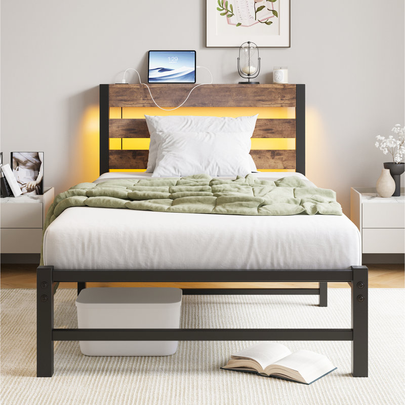 Cadre de lit simple très résistant, tête de lit, surface de chargement, lumières DEL, sans sommier, métal, bruit, espace de rangement sous lit, station, croissance