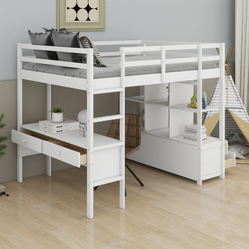 Loft Bed With Built-In Desk With Two Drawers, And Storage Shelves And Drawers, White
