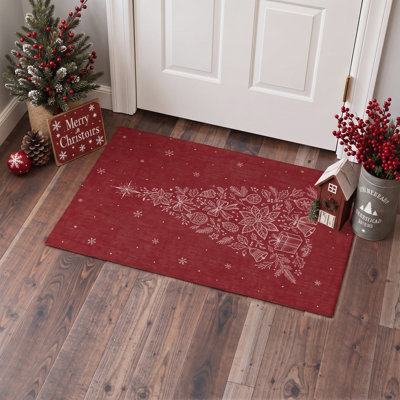 Tapis de salon lavable à poils ras, motif floral rouge et blanc, orné d'un poinsettia et d'un sapin de Noël