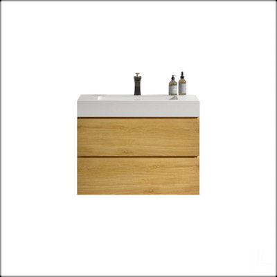 Meuble-lavabo mural 30 po en chêne naturel avec lavabo, grand meuble-lavabo flottant mural pour salle de bain moderne, lavabo une pièce blanc brillant sans bonde ni robinet