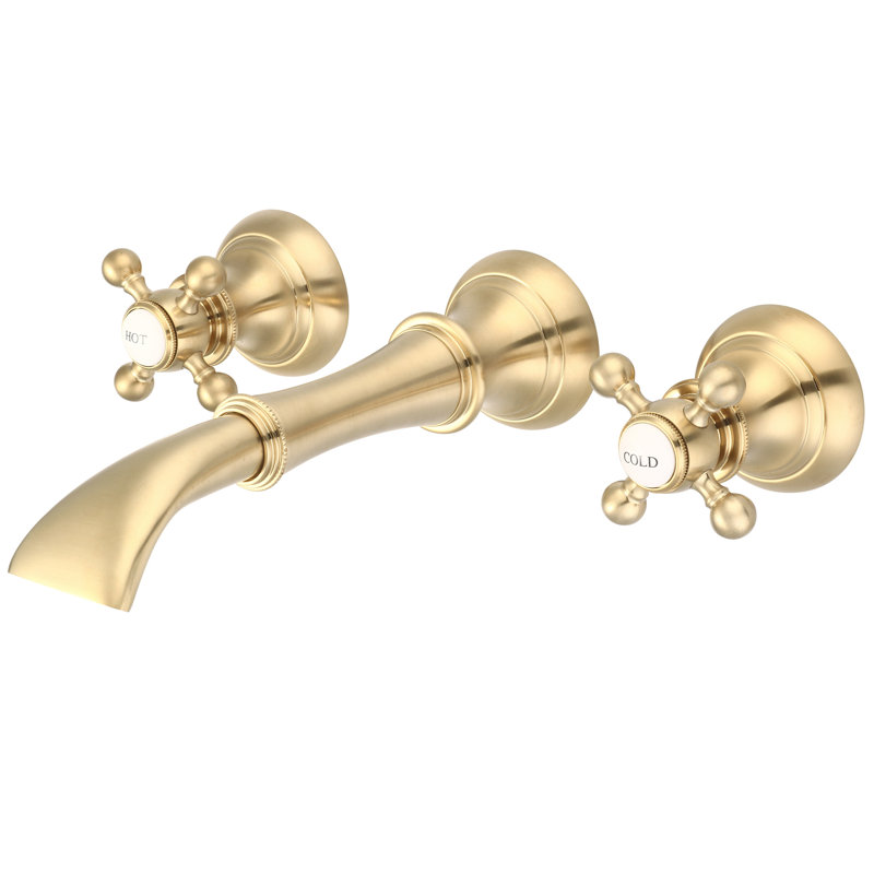 Robinet pour salle de bain mural cascade, Poignées en croix en métal ronde et étiquettes, Laiton satiné