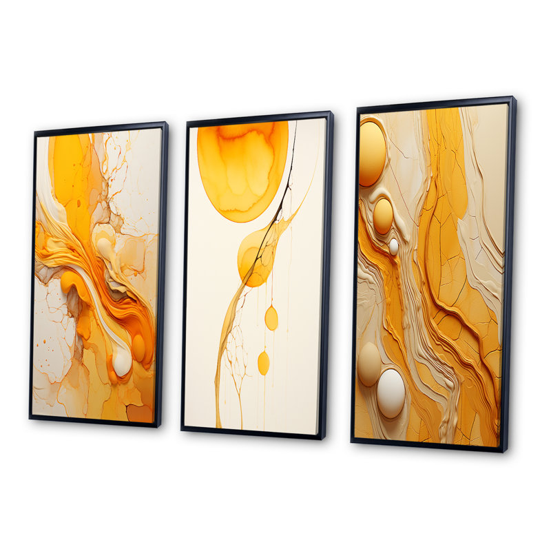 Undefined Continuation Liquid Waves Yellow - Abstract Shapes Art Set Of 3 Pieces, Cadre flottant noir, H 40 po x l 60 po