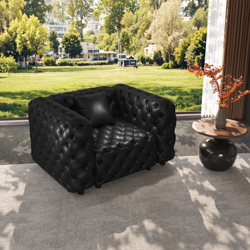 Canapé simple Chesterfield 48,4 po en similicuir moderne avec très grand coussin, Noir