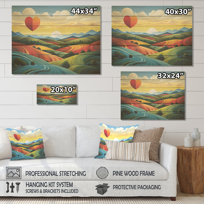 «Love Mountain» jaune et vert - prairie sur bois, H 24 po x l 32 po