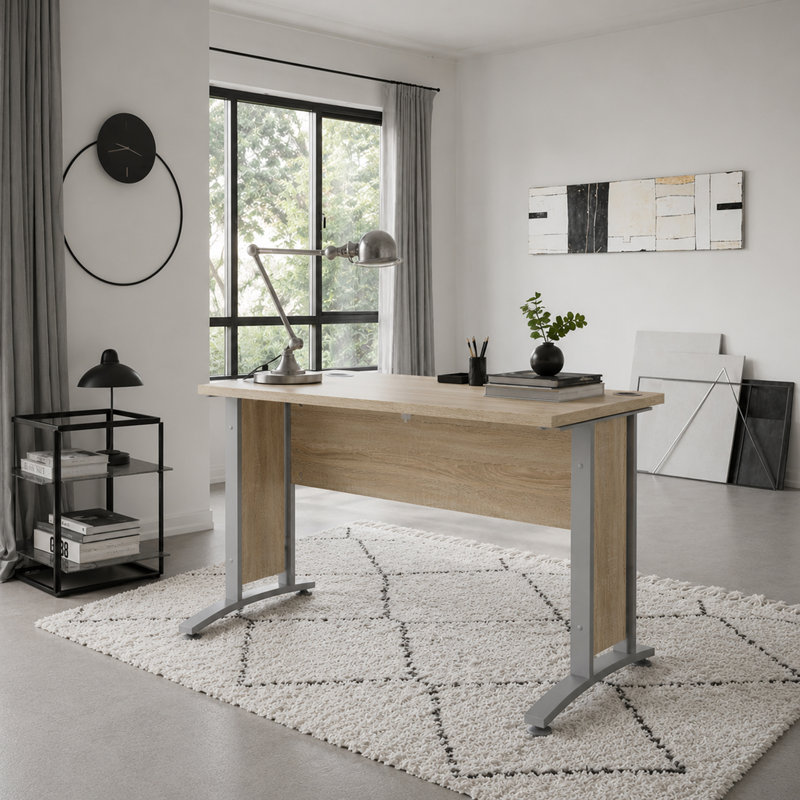 Prima Metal Base Writing Desk, Oak, 75cm H x 120.1cm W x 80.1cm D, Grey