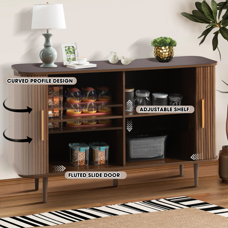 Brown Oak Grain 47" Sideboard Buffet Cabinet with Fluted Sliding Doors