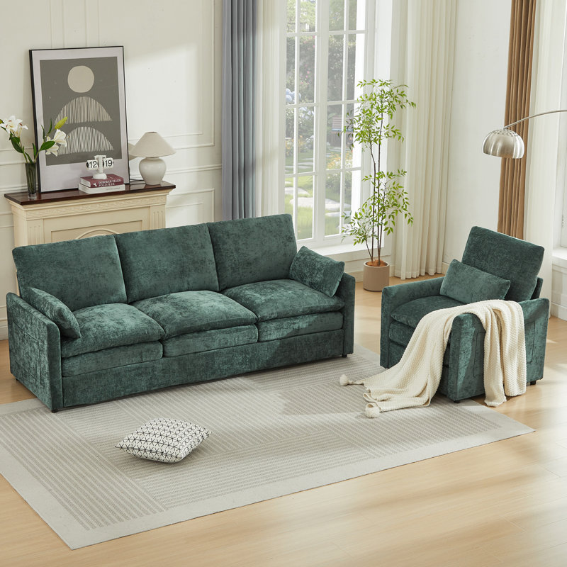  Ensemble de canapé de salon 2 pièces en chenille moderne, Vert