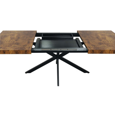 Retro Expandable Rectangular Dining Table with Wood Top, Cross Metal Base and Built-In Storage Box, Practical Household Dining Furniture