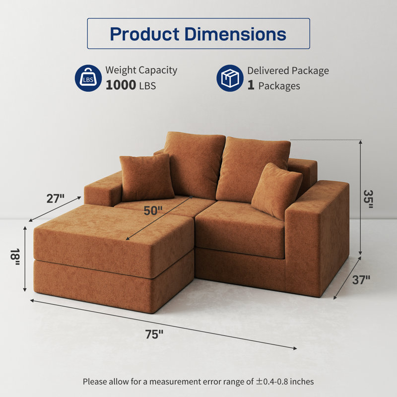 Canapé modulaire escamotable 75 po en velours avec repose-pieds, Velours orange