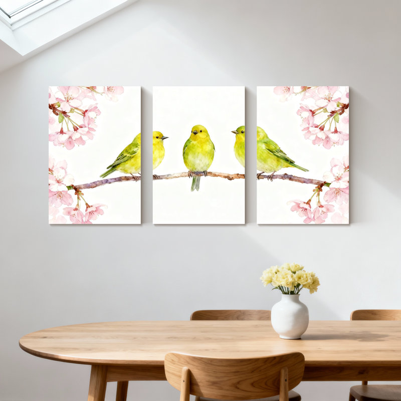 «Birds Birds On Branch With Cherry Blossoms», ensemble de 3 impressions sur toile, H 18 po x l 36 po