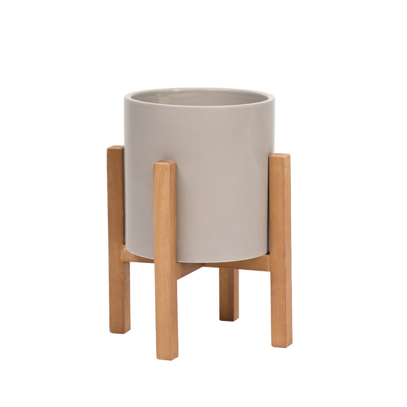 Surles Round Modern Ceramic Indoor Pot Planter with Wood Legs, 13" H x 9" W x 9" D, Gray