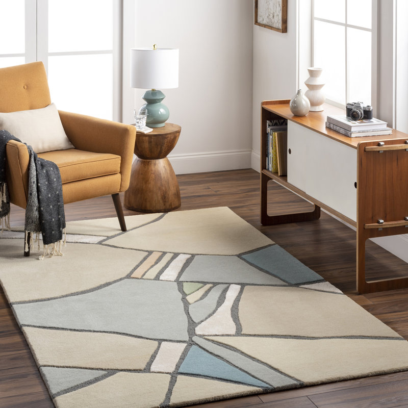 Tapis abstrait en laine touffeté à la main gris / beige / bleu, Rectangle 2 pi x 3 pi