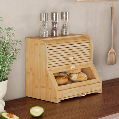 Natural Bamboo Double Layer Bread Box for Kitchen Counter, Roll Top Bread Storage Bin with Acrylic Window & Fold-Down Cutting Board Door, Large Capacity Bread Organizer