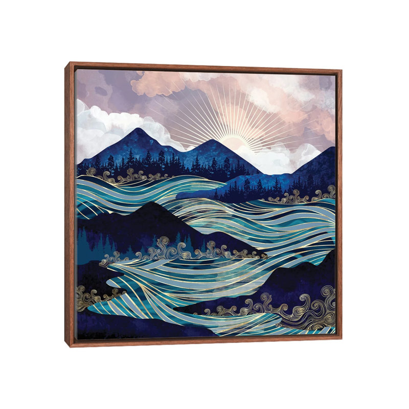 Ocean Sunrise - impression d'art graphique, H 18 po x l 18 po x 1,5 po, Aucun mat, Toile avec cadre en bois brun classique