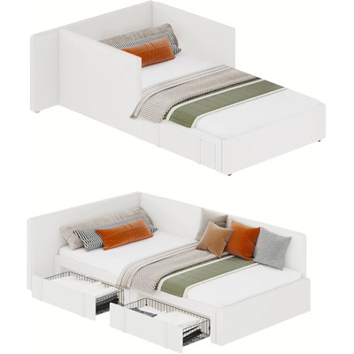 Twin Daybed with Extended Headboard & Guardrails, Velvet Upholstered Corner Bed Frame with Adjustable Configurations for Bedroom Guest Room
