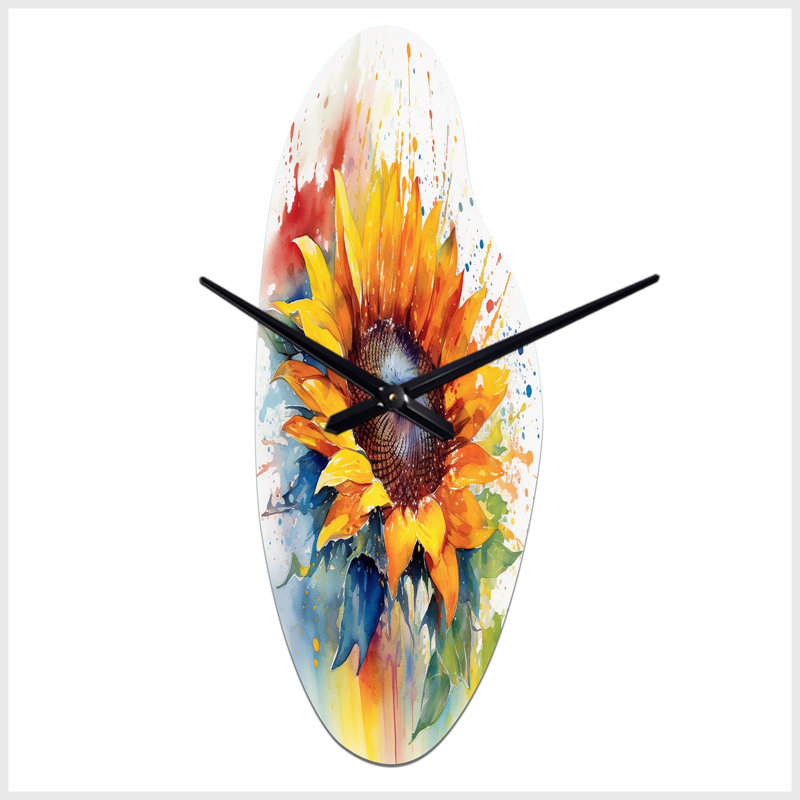 Jahzir jaune bleu doré tournesols I - horloge murale courbée florale en métal, horloge murale asymétrique traditionnelle