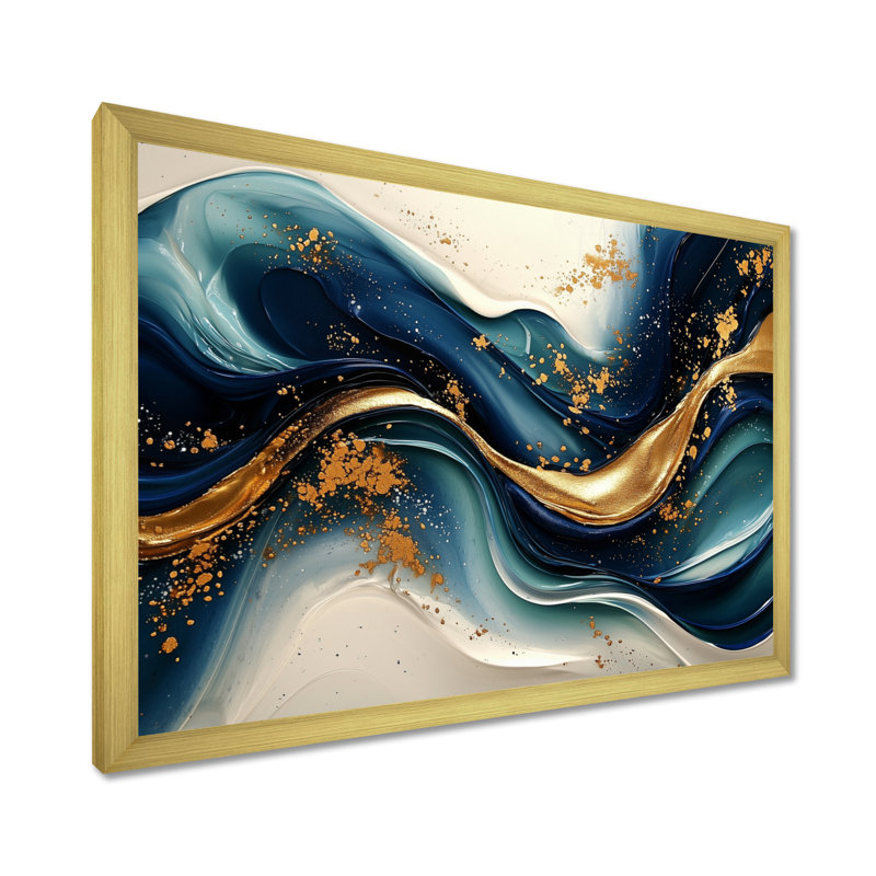 «Emerald Stone Fusion On Blue River IV - Abstract Modern Waves», art mural sur toile, H 34 po x l 44 po, Doré