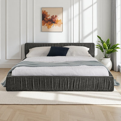 Queen Grounded Platform Bed with Headboard, Upholstered Bed Frame with Pleated Chenille Fabric