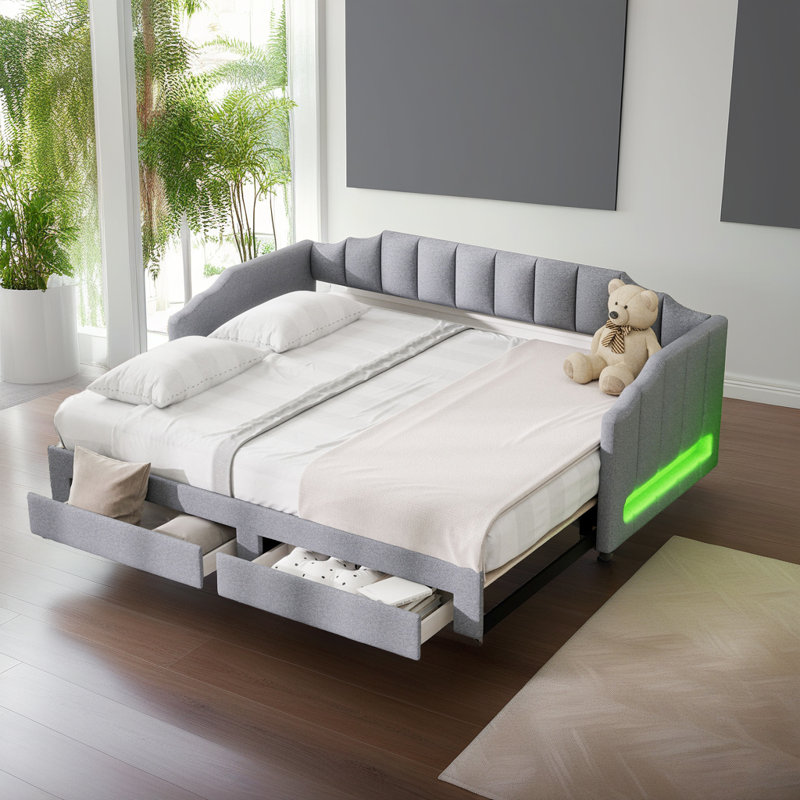 Twin XL to King Convertible Daybed with Storage Drawers & LED Lights - Upholstered Linen Fabric, Solid Wood+MDF Frame, No Box Spring Needed (300-500 lb Capacity)